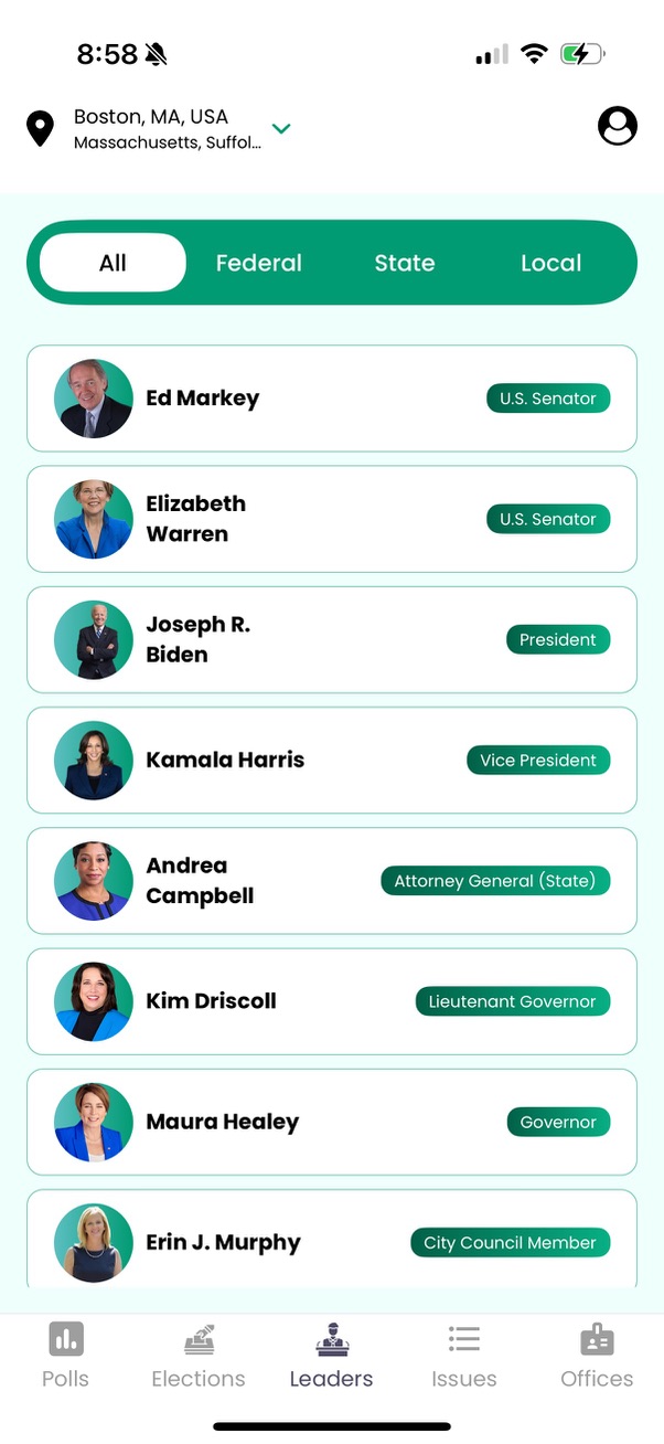The Voter app showing every official who represents a Boston address